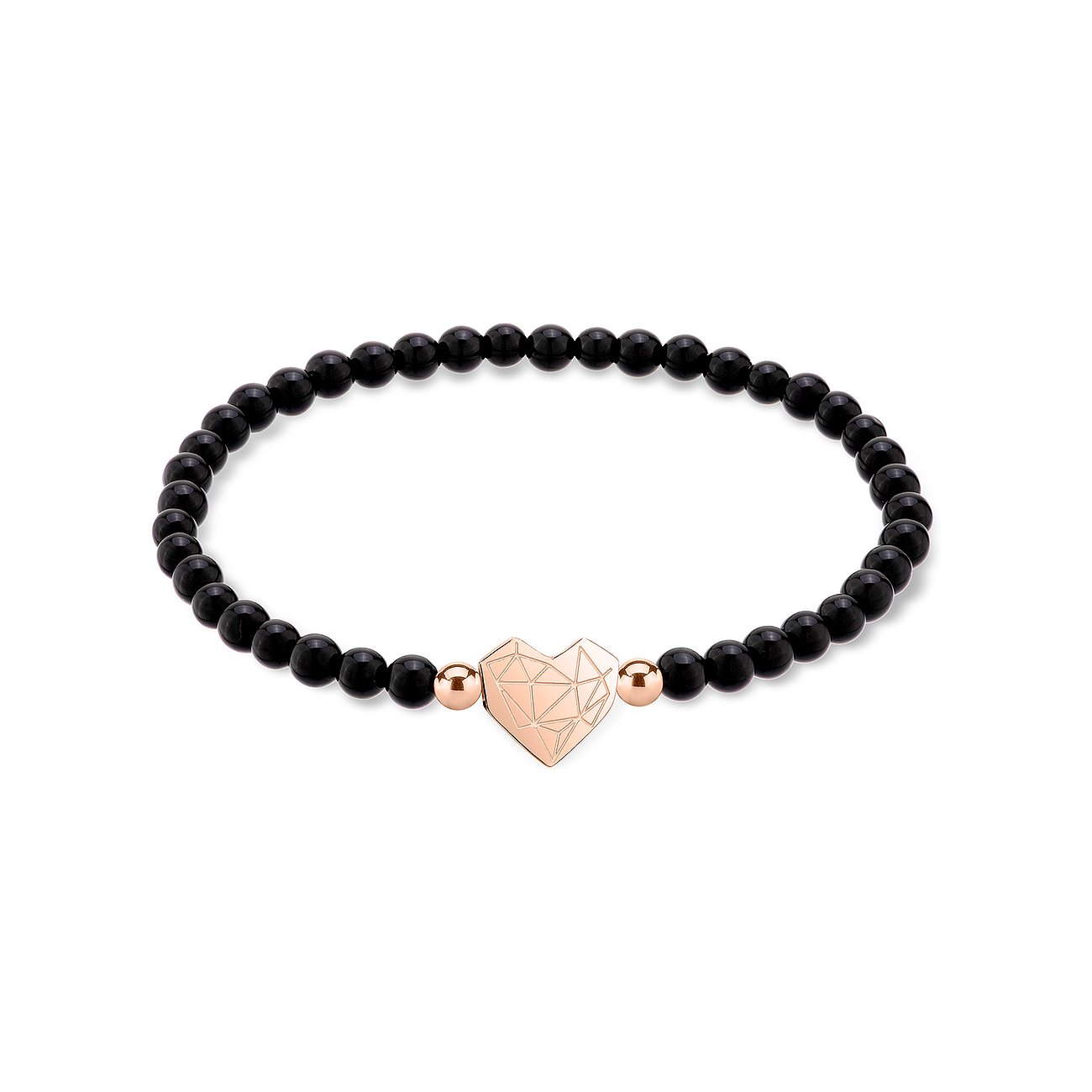Liebeskind Armschmuck aus Edelstahl mit Facettenherz und schwarzen Perlen.