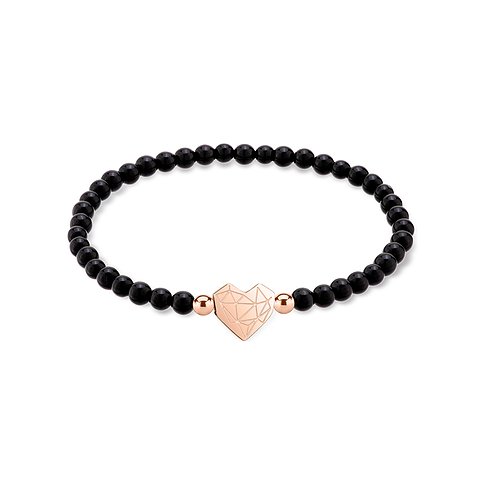 Liebeskind armbånd i rustfrit stål med facetteret hjerte og sorte perler.