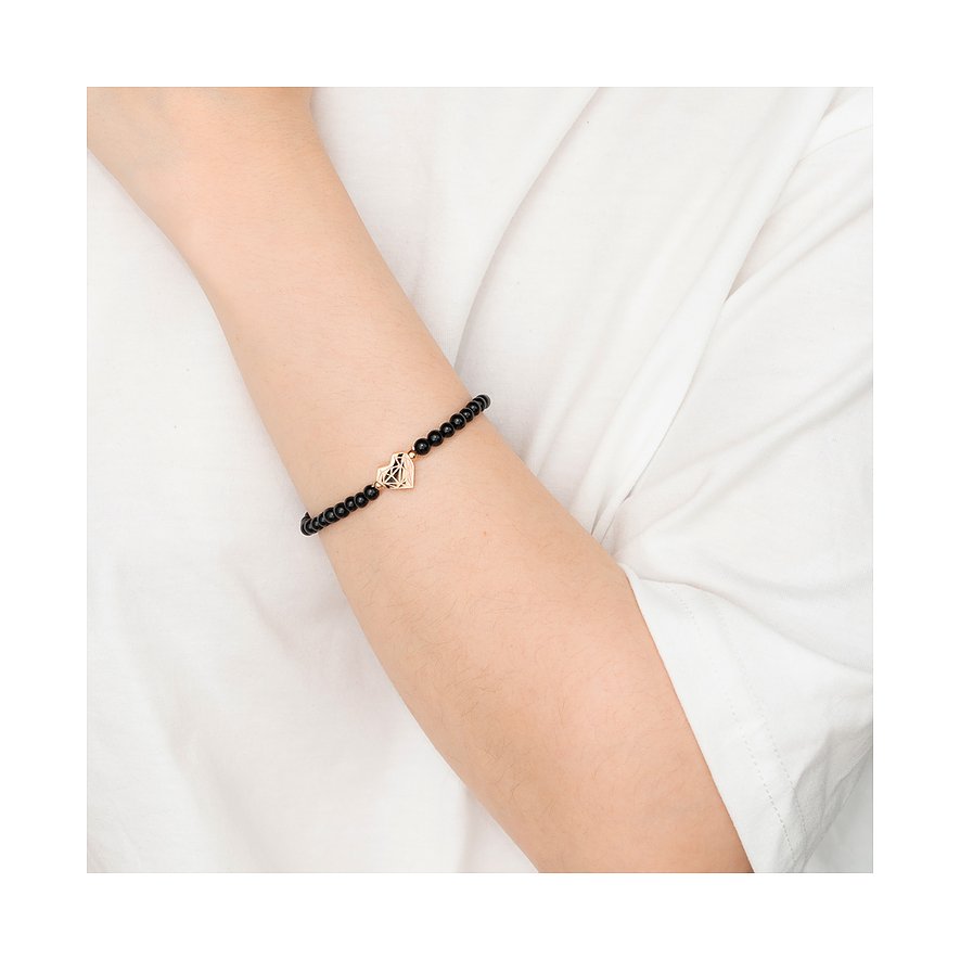 Liebeskind Armschmuck aus Edelstahl mit schwarzen Perlen und einem charmanten, roségoldfarbenen herzförmigen Detail.