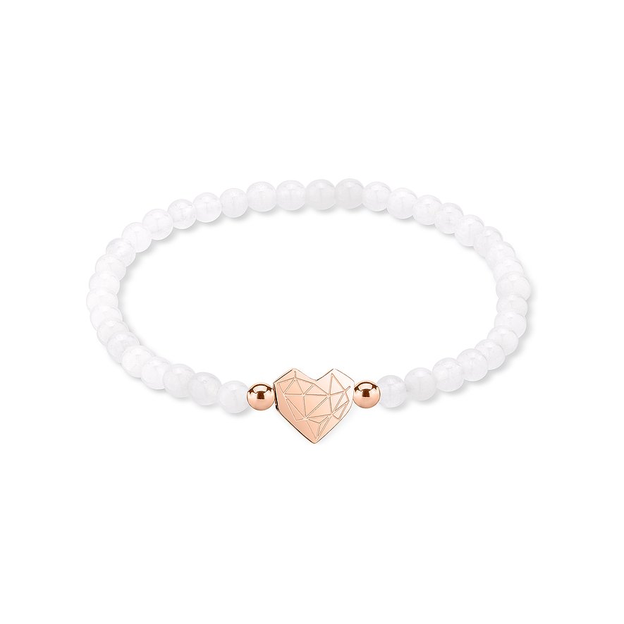 Liebeskind Armschmuck aus Edelstahl mit weißen Perlen und einem roséfarbenen Herzanhänger mit facettierter Oberfläche.