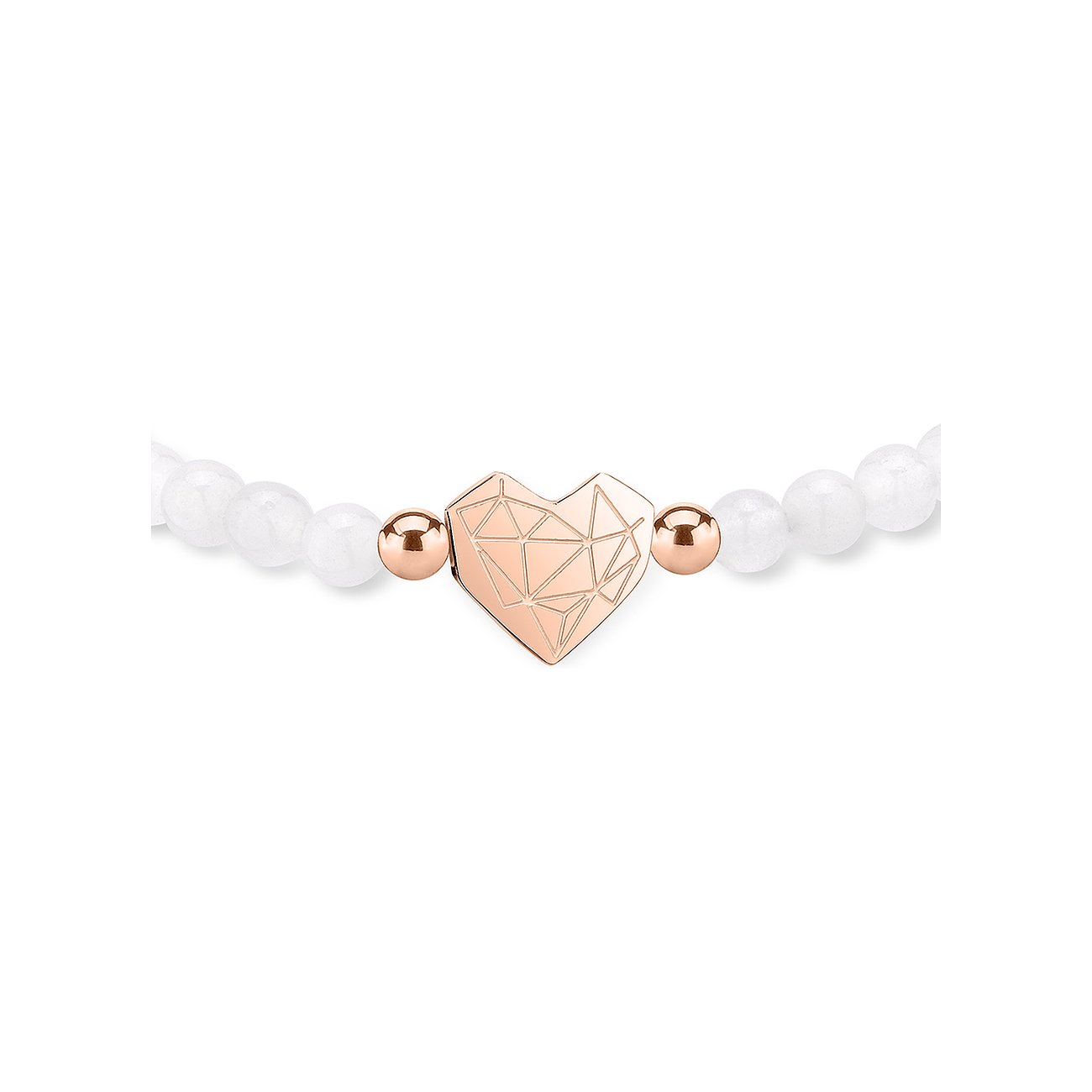 Nahaufnahme eines Liebeskind Armschmucks aus Edelstahl in Roségold mit einem facettierten Herz und weißen Perlen.