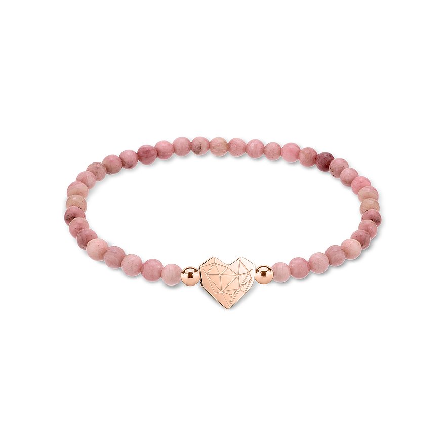 Liebeskind Armschmuck: Rosafarbenes Edelstahl Armband mit Perlen und einem roséfarbenen Herzanhänger in der Mitte.