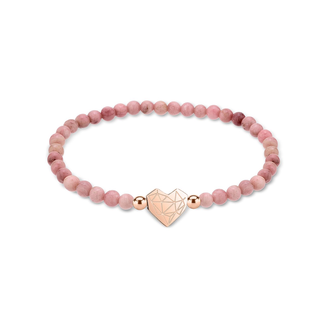Liebeskind Armschmuck: Rosafarbenes Edelstahl Armband mit Perlen und einem roséfarbenen Herzanhänger in der Mitte.