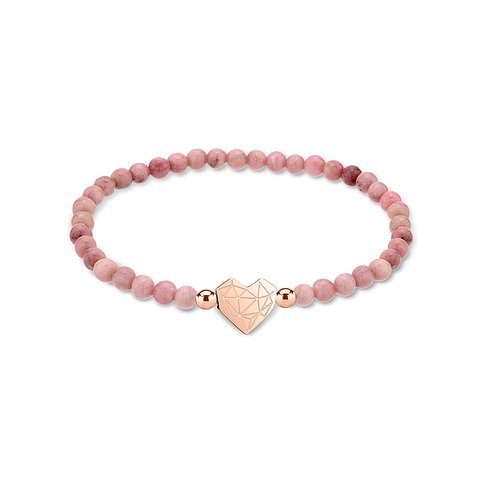 Liebeskind armbånd: Rosafarvet rustfrit stål armbånd med perler og en rosafarvet hjertecharme i midten.