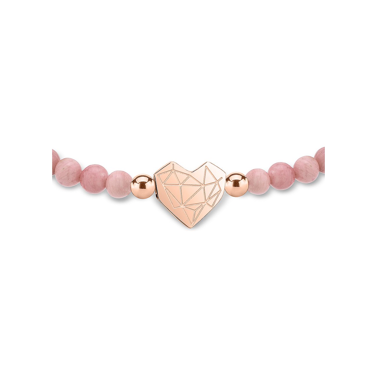 Liebeskind Armschmuck aus rosévergoldetem Edelstahl mit roséfarbenen Steinperlen und einem facettierten Herz.