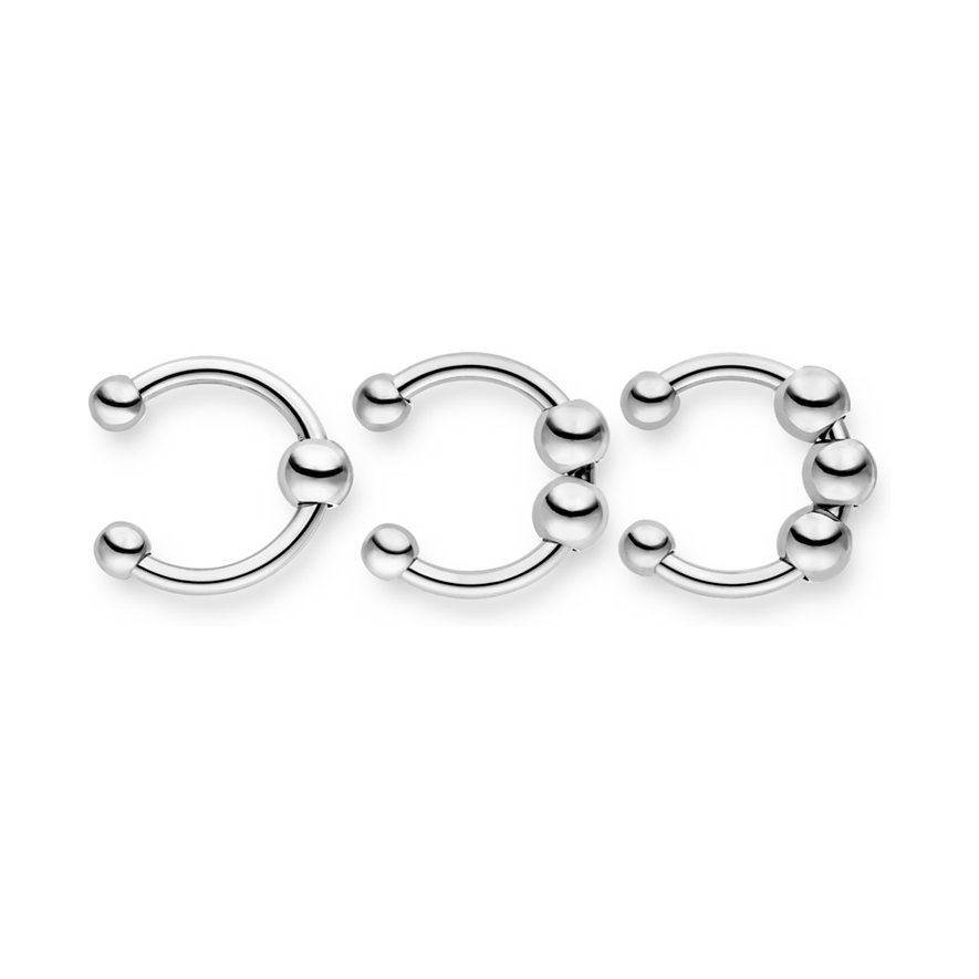 Tre skinnende, sølvfarvede Liebeskind Ear Cuffs i rustfrit stål, hver udsmykket med tre kugler.