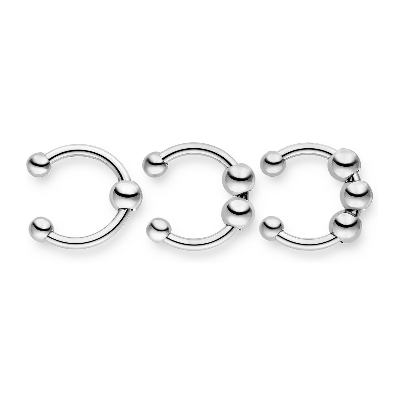 Tre skinnende, sølvfarvede Liebeskind Ear Cuffs i rustfrit stål, hver udsmykket med tre kugler.