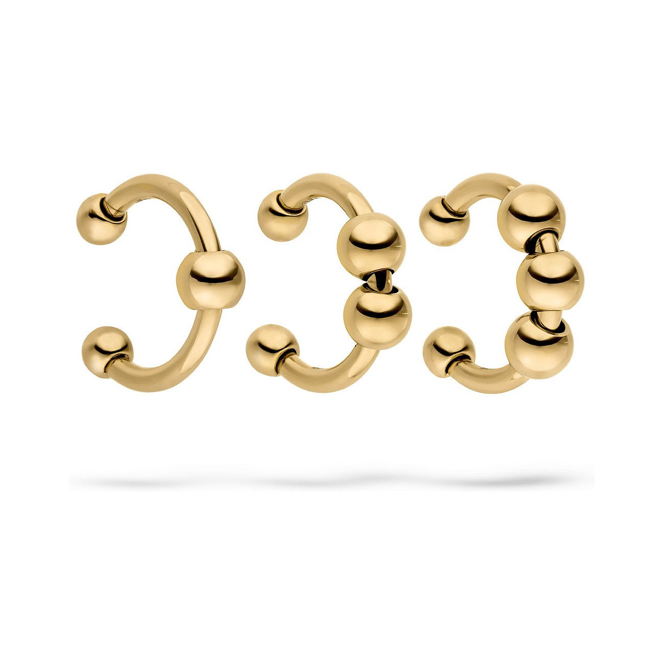 Liebeskind sæt med tre guldfarvede øreklemmer (Ear Cuffs) i rustfrit stål med varierende antal kugler