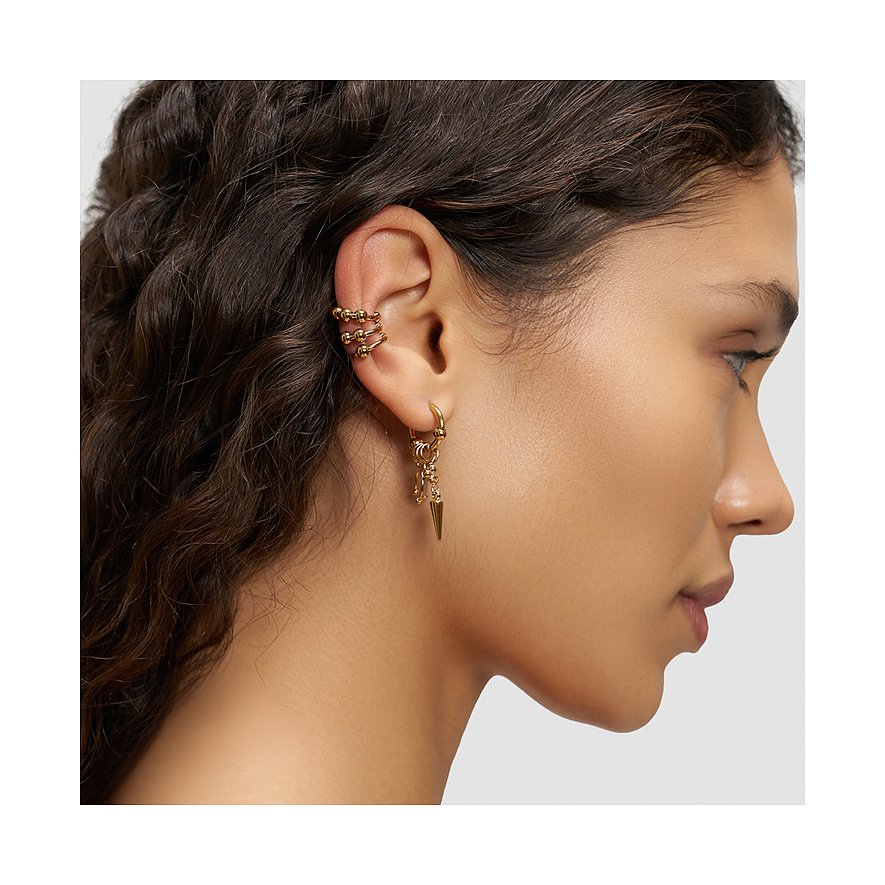 Liebeskind-øreringe i guldfarvet stål. Ear cuff med kugler, kreol med spids vedhæng.
