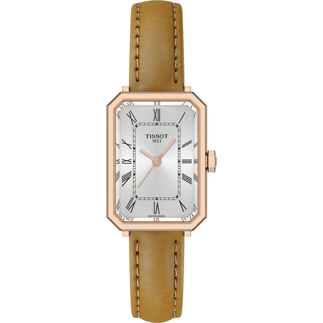 Tissot Damenuhr aus Edelstahl mit rechteckigem Gehäuse in Roségoldton und hellem Zifferblatt.