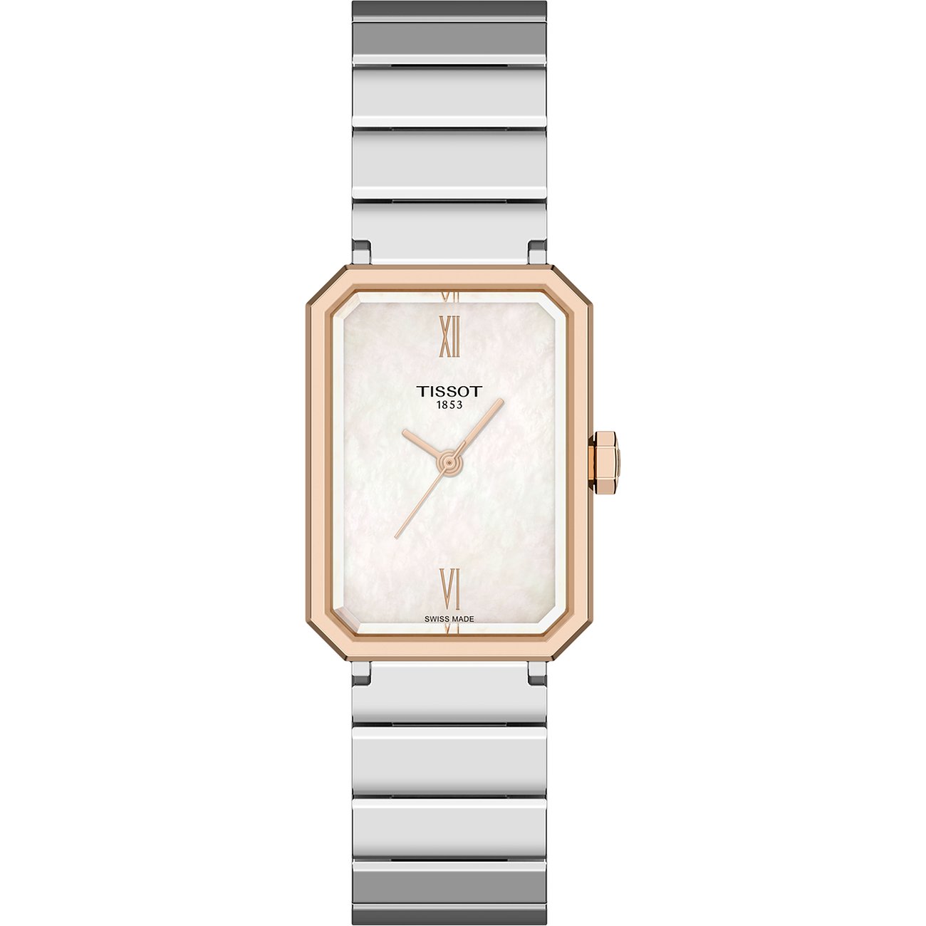Tissot Damenuhr aus Edelstahl mit rechteckigem Zifferblatt und roségoldfarbener Lünette, freistehend.