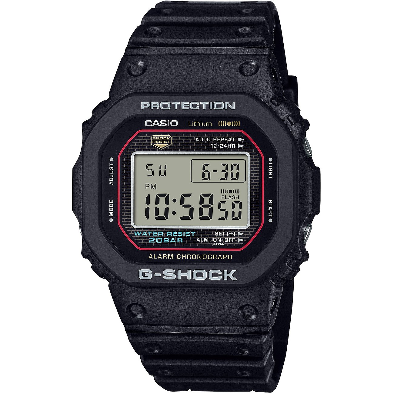 Eine schwarze G-Shock Herrenuhr aus Resin, von oben fotografiert.