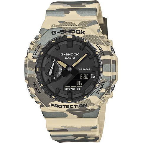 G-Shock Herrenuhr aus Resin in Beige und Grau mit Tarnmuster und digitaler Anzeige, von vorne.