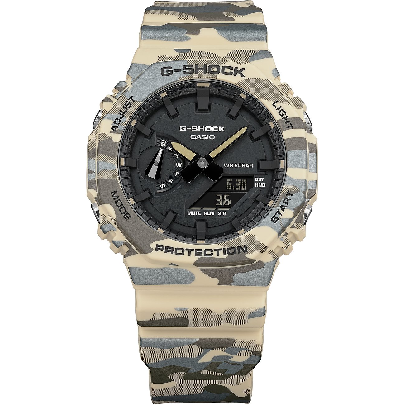 G-Shock Herrenuhr aus Resin mit beigem Camouflage-Muster auf Armband und Gehäuse, schwarzem Zifferblatt und digitalen Anzeigen.