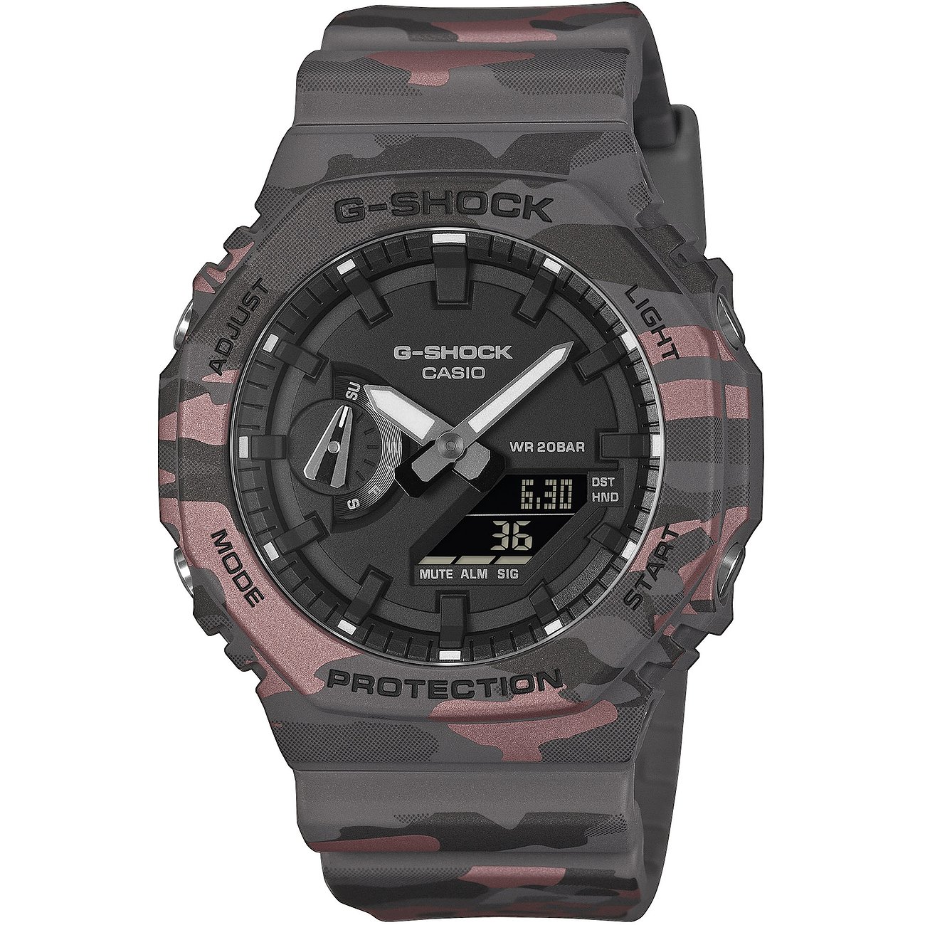 G-Shock Herrenuhr aus Resin in Camouflage-Musterung Grau-Pink, Ansicht von vorne. Das Zifferblatt ist schwarz.