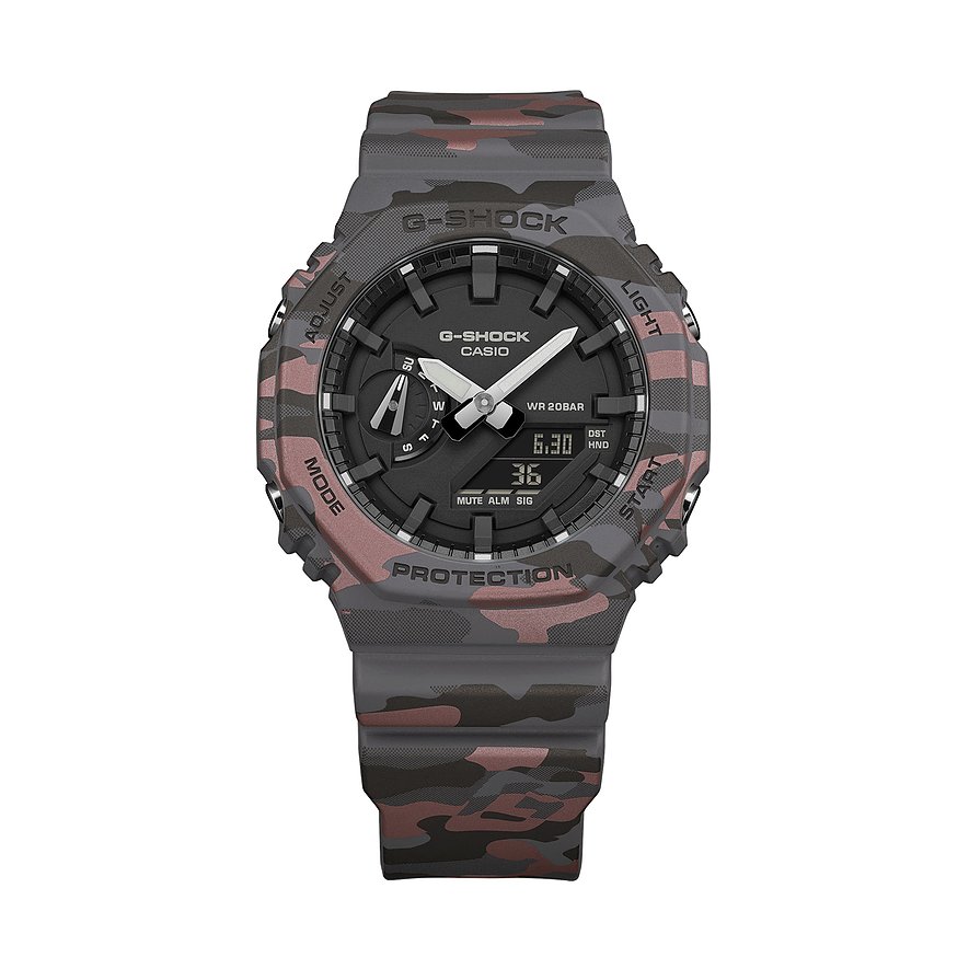 G-Shock Herrenuhr aus Resin in Camouflage-Muster auf weißem Hintergrund, Vorderansicht.