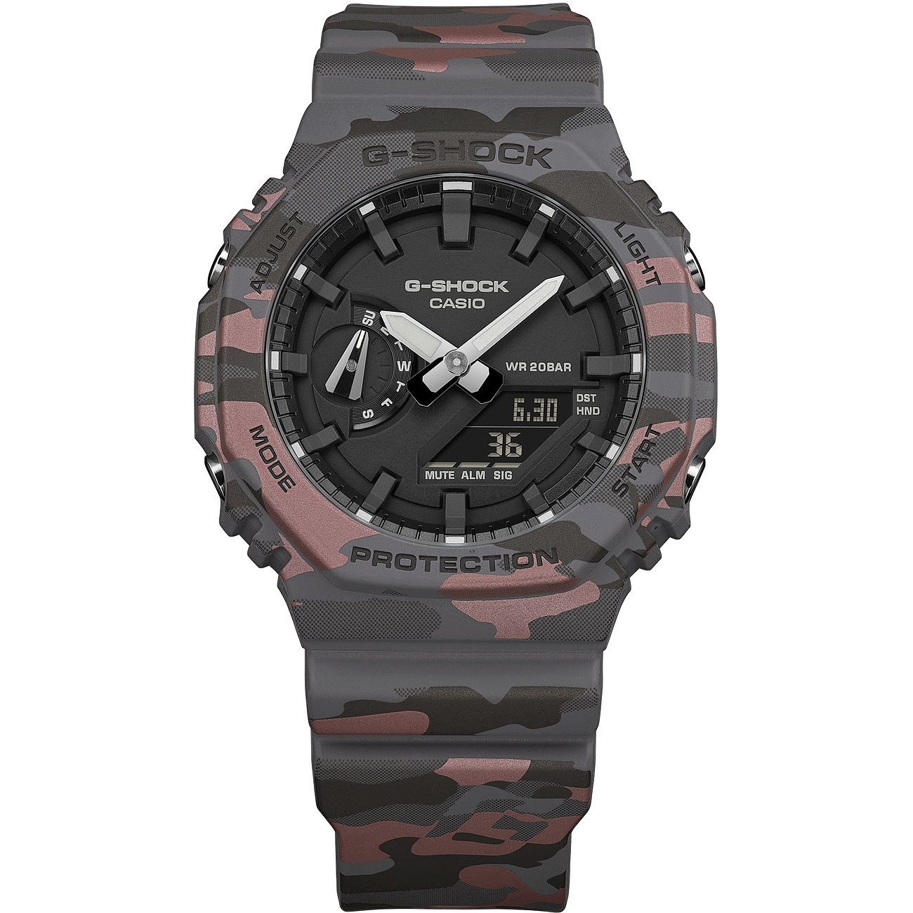 G-Shock Herrenuhr aus Resin in Camouflage-Muster auf weißem Hintergrund, Vorderansicht.