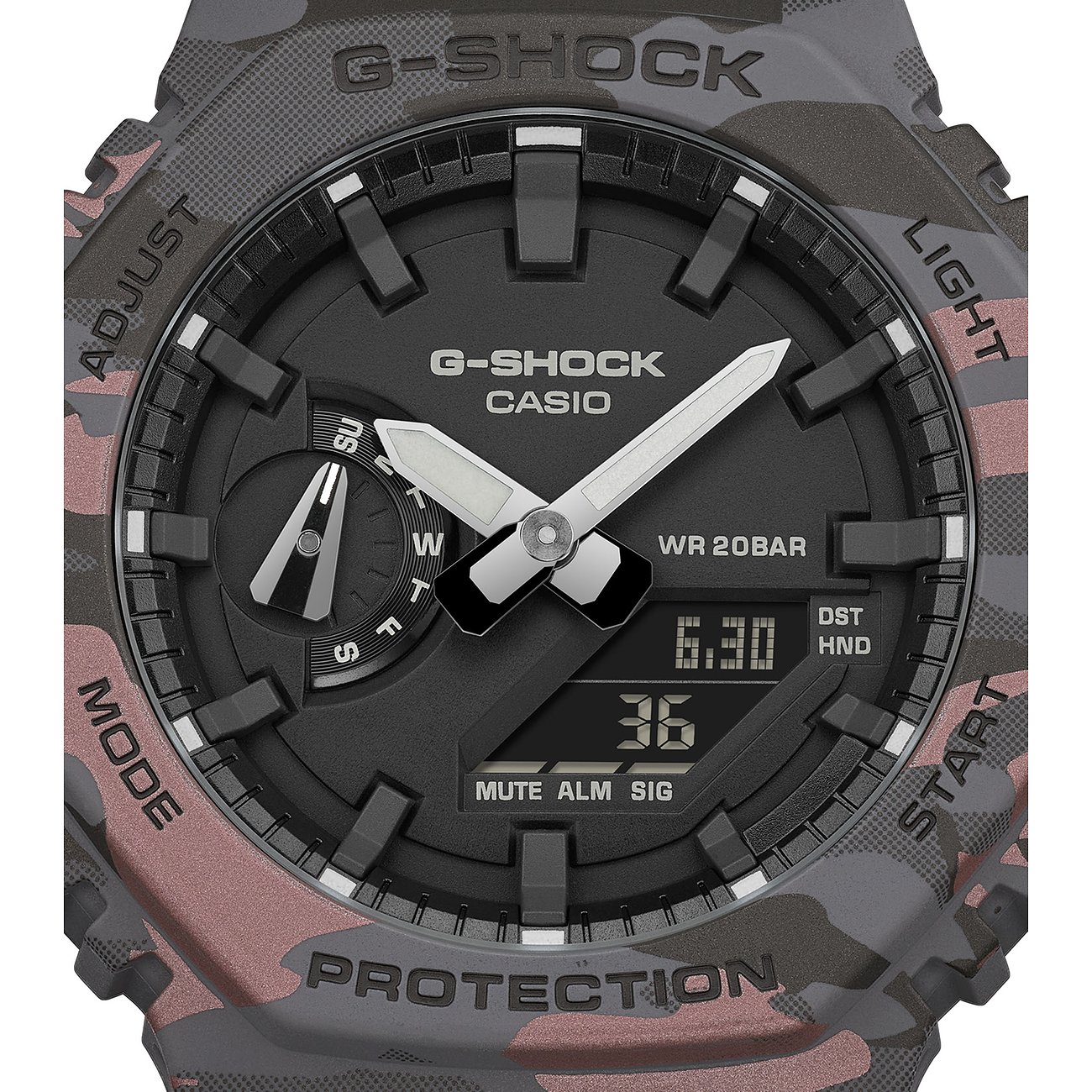 Nahaufnahme einer G-Shock Herrenuhr aus Resin in Tarnoptik mit digitaler und analoger Anzeige.