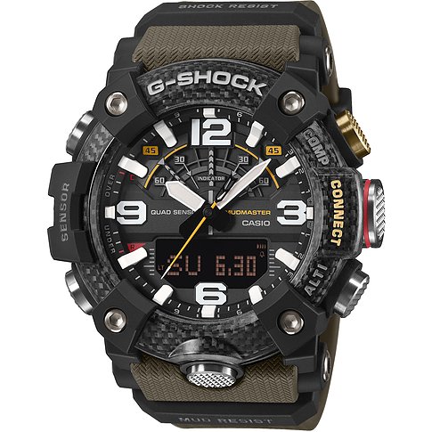 Eine G-Shock Herrenuhr aus Resin in Schwarz und Khaki, die im oberen Bereich "G-SHOCK" anzeigt.