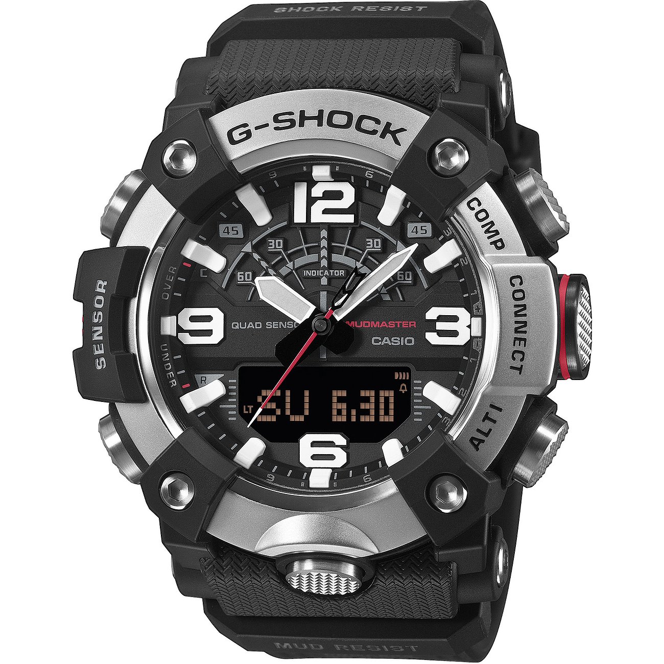Eine schwarze G-Shock Herrenuhr aus Resin, Mudmaster Modell, mit analogen und digitalen Anzeigen.