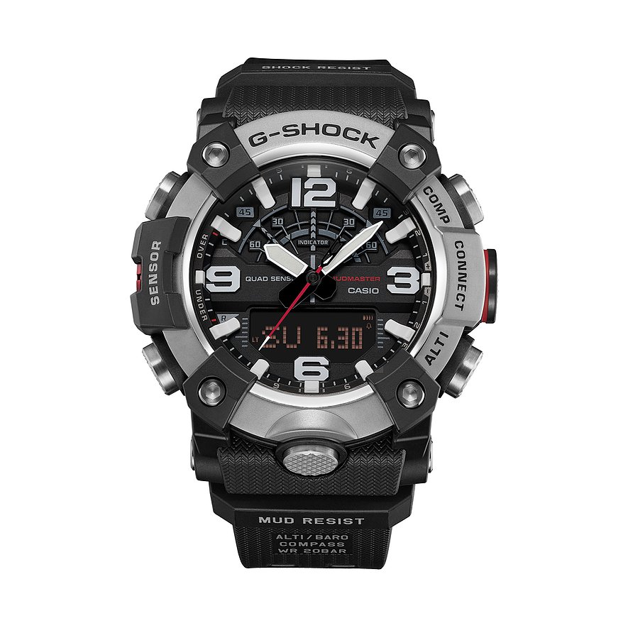 Eine schwarze G-Shock Herrenuhr aus Resin, von oben fotografiert, mit silberfarbenen Akzenten und rotem Sensor.