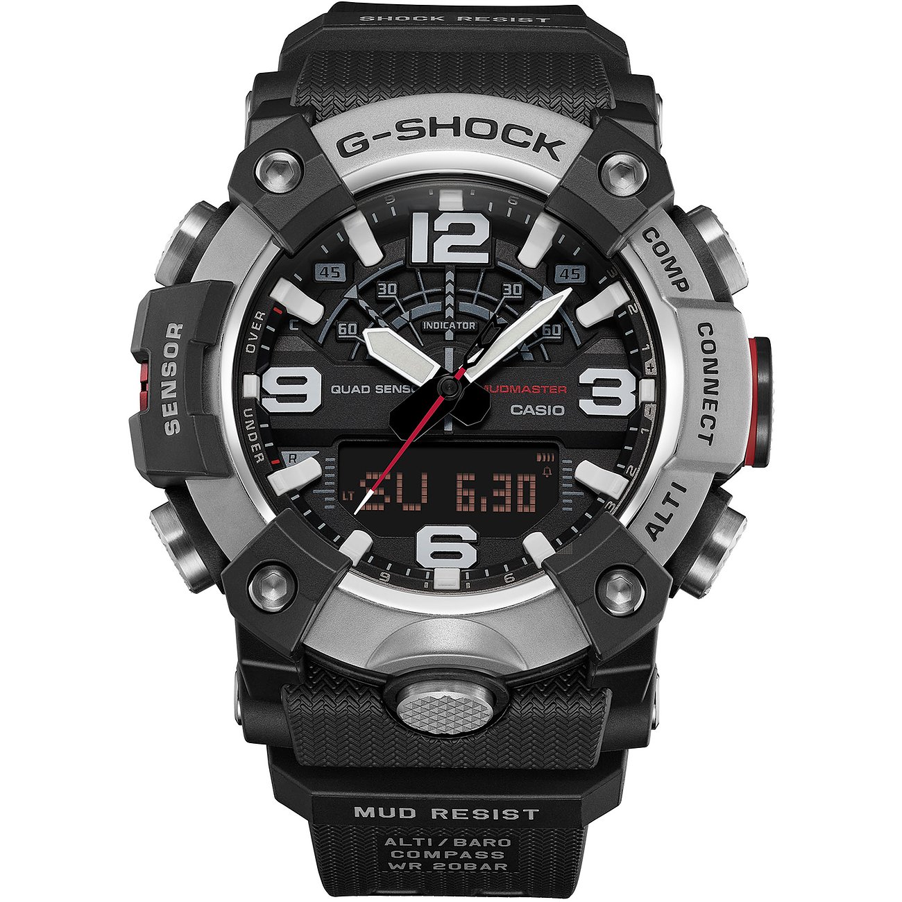 Eine schwarze G-Shock Herrenuhr aus Resin, von oben fotografiert, mit silberfarbenen Akzenten und rotem Sensor.