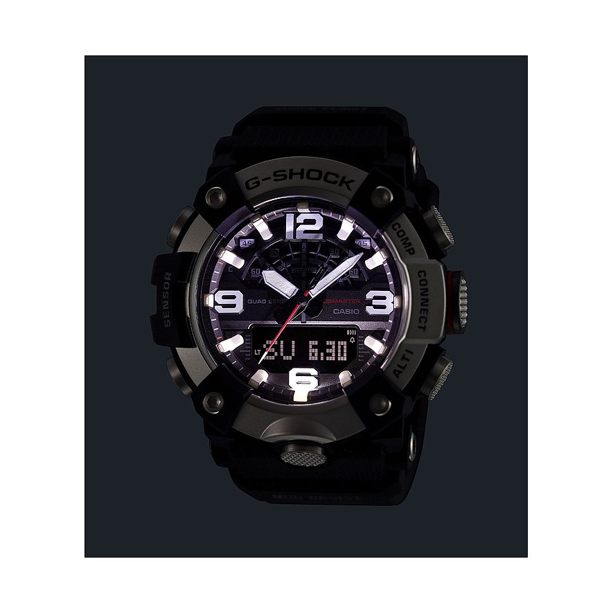 Die G-Shock Herrenuhr aus Resin mit einem beleuchteten Zifferblatt zeigt die Uhrzeit 06:30.