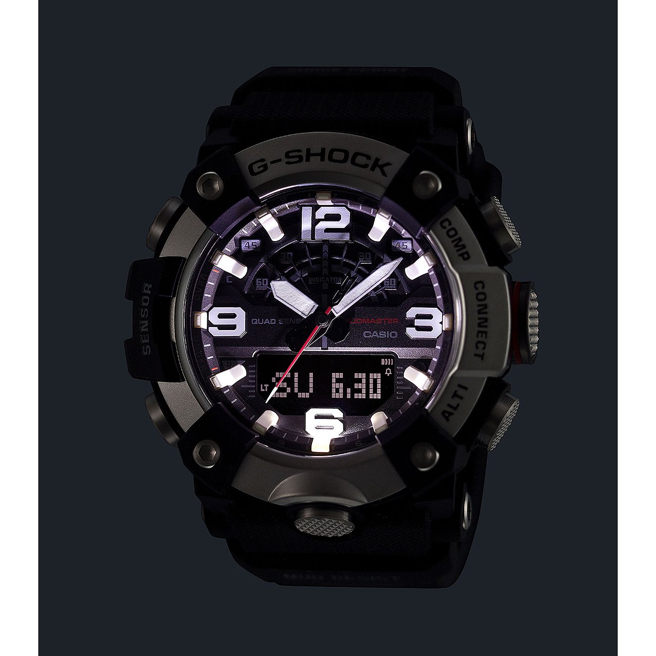 Die G-Shock Herrenuhr aus Resin mit einem beleuchteten Zifferblatt zeigt die Uhrzeit 06:30.