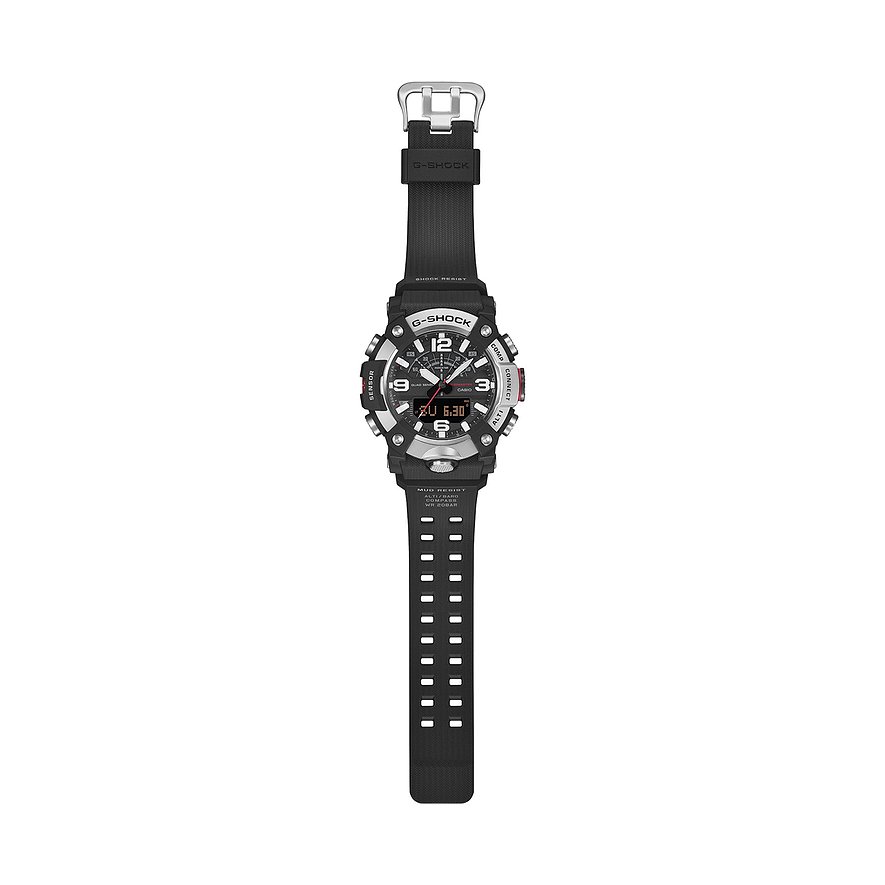 Eine schwarze G-Shock Herrenuhr aus Resin, von oben fotografiert, mit einem silbernen Gehäuse und digitalen Anzeigen.