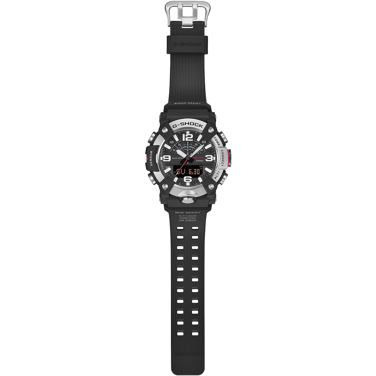 Eine schwarze G-Shock Herrenuhr aus Resin, von oben fotografiert, mit einem silbernen Gehäuse und digitalen Anzeigen.