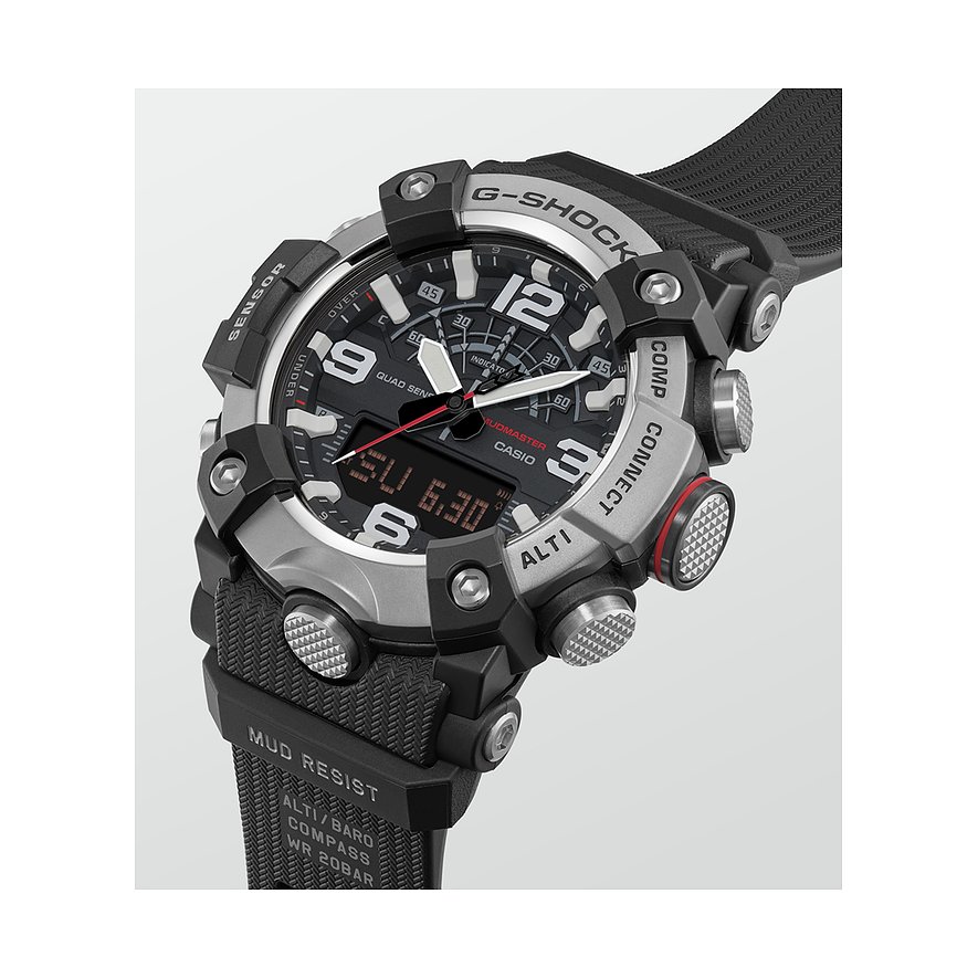 Nahaufnahme einer G-Shock Herrenuhr aus Resin, die ein digitales und analoges Zifferblatt mit der Uhrzeit 6:30 zeigt.