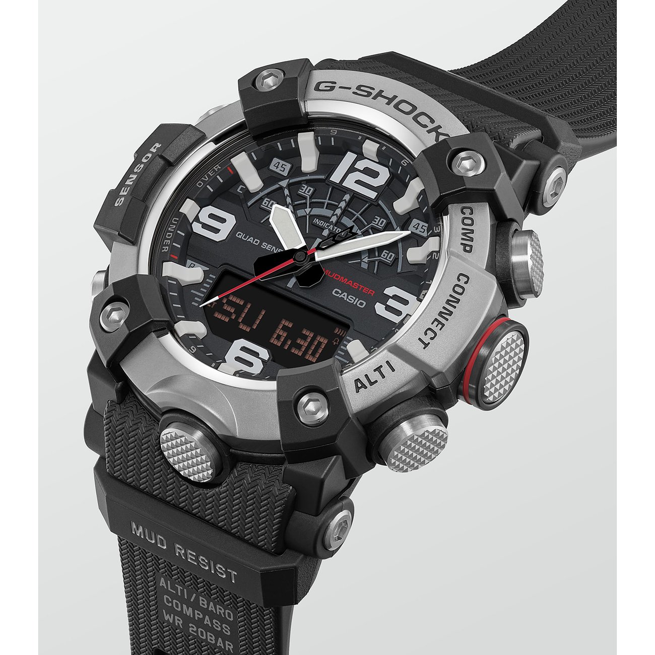 Nahaufnahme einer G-Shock Herrenuhr aus Resin, die ein digitales und analoges Zifferblatt mit der Uhrzeit 6:30 zeigt.