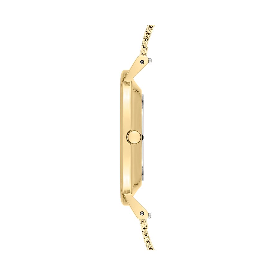 Sidebillede af et Liebeskind dameur i guldfarvet rustfrit stål med firkantet urkasse og et fint armbånd.