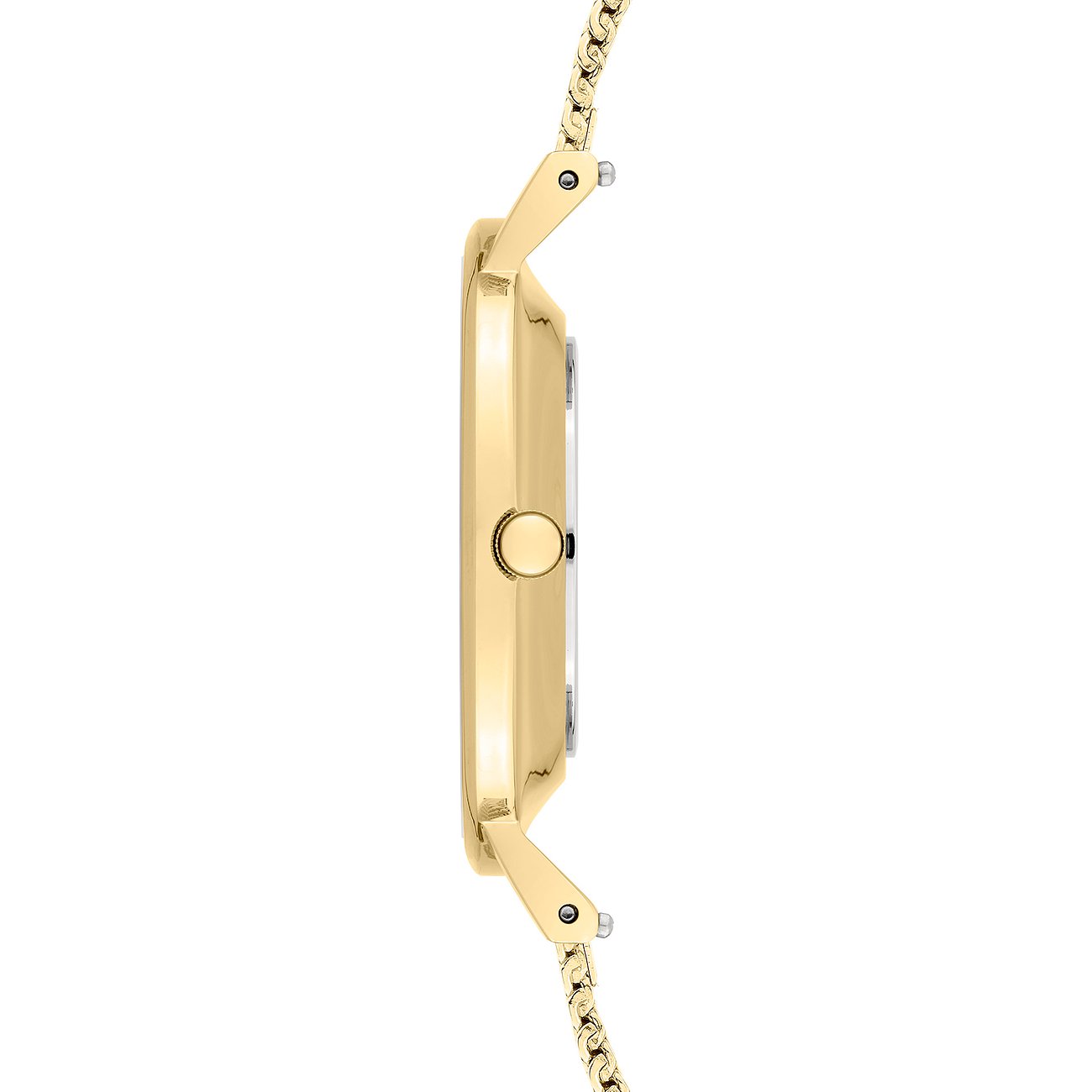 Sidebillede af et Liebeskind dameur i guldfarvet rustfrit stål med firkantet urkasse og et fint armbånd.