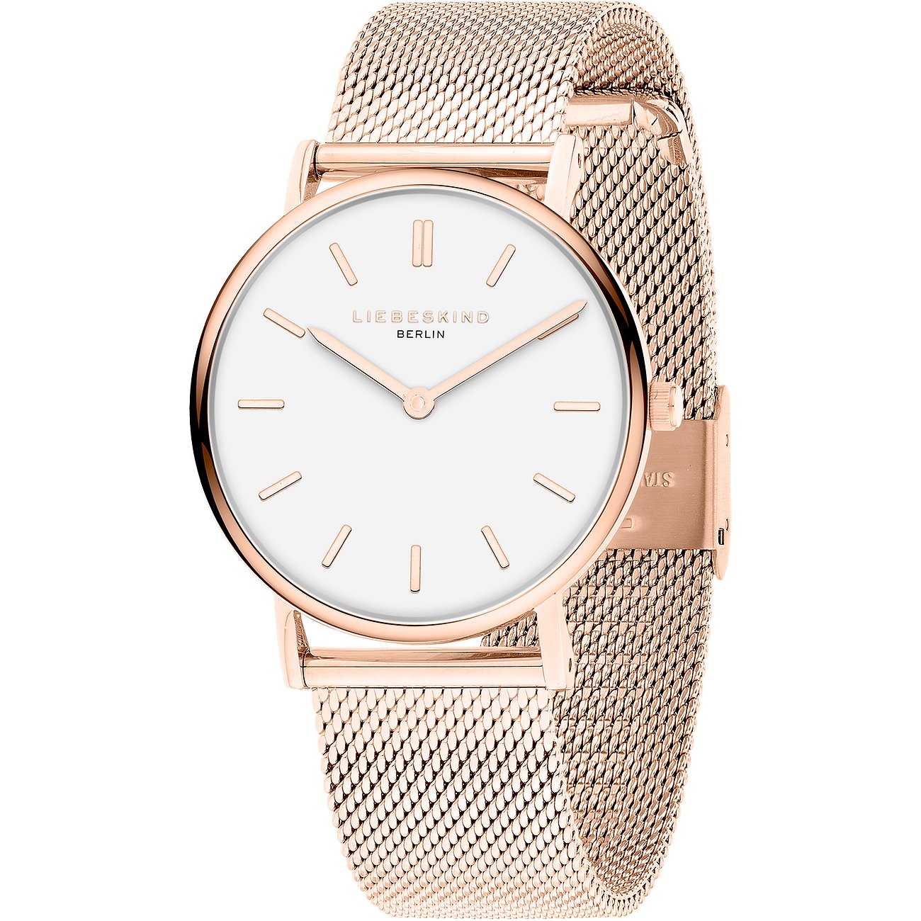 Liebeskind dameur i rosaguldfarvet rustfrit stål med hvid urskive og finkædet armbånd.