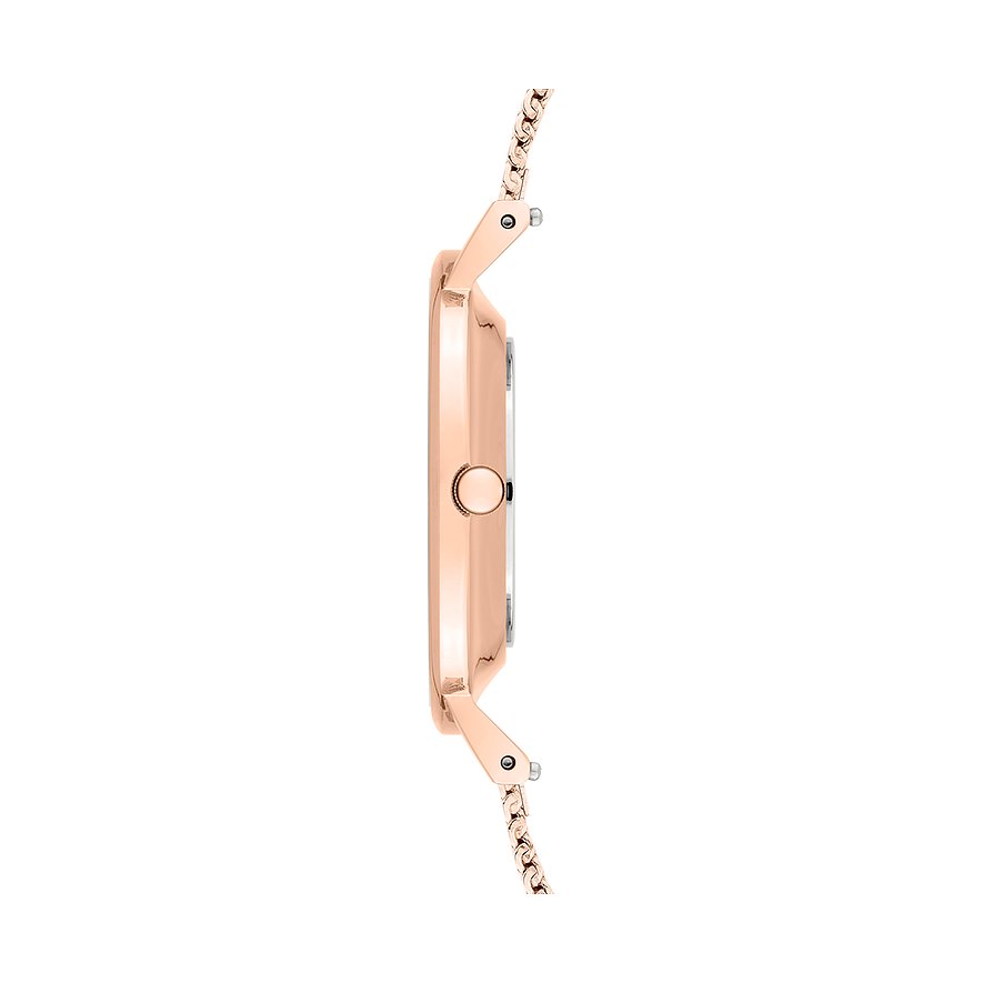 Sidebillede af Liebeskind dameur i roséguldfarvet rustfrit stål med en fin ledrem.