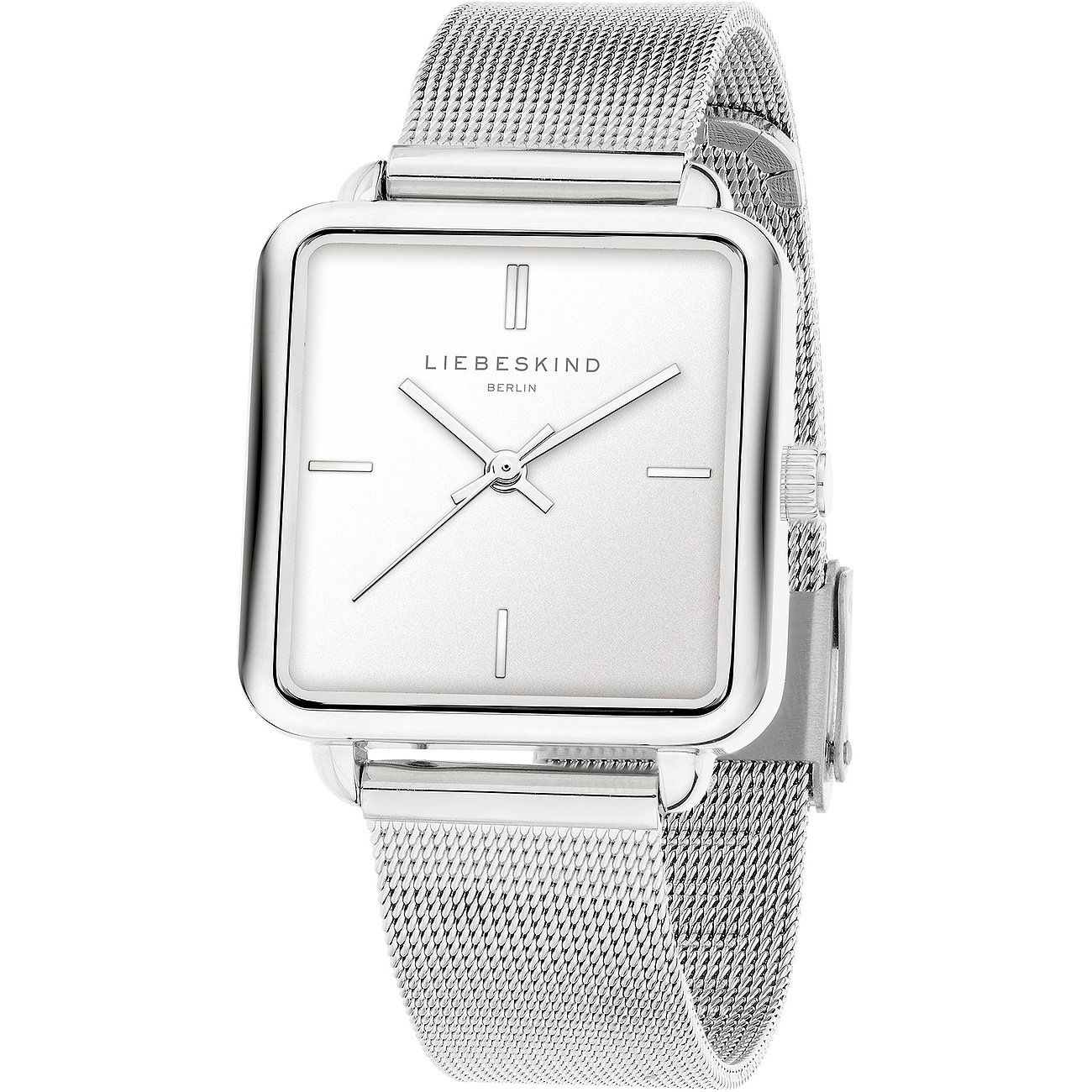 Nahaufnahme einer eckigen Liebeskind Damenuhr aus Edelstahl mit silbernem Gehäuse, Metallarmband und weißem Zifferblatt.