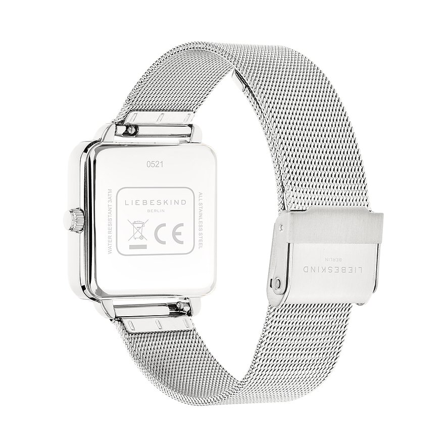 Rückansicht der silberfarbenen Liebeskind Damenuhr aus Edelstahl mit rechteckigem Gehäuse und filigranem Mesh-Armband.