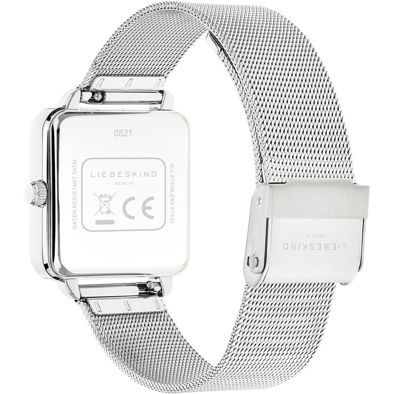 Rückansicht der silberfarbenen Liebeskind Damenuhr aus Edelstahl mit rechteckigem Gehäuse und filigranem Mesh-Armband.