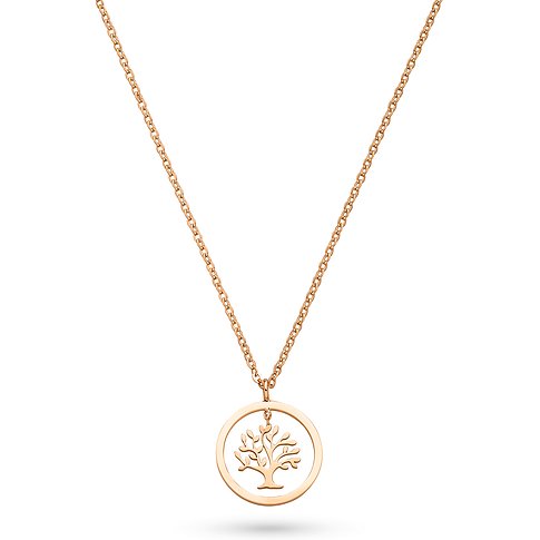 s.Oliver Halsschmuck aus roségoldfarbenem Edelstahl mit einem runden Anhänger, der einen Lebensbaum zeigt.