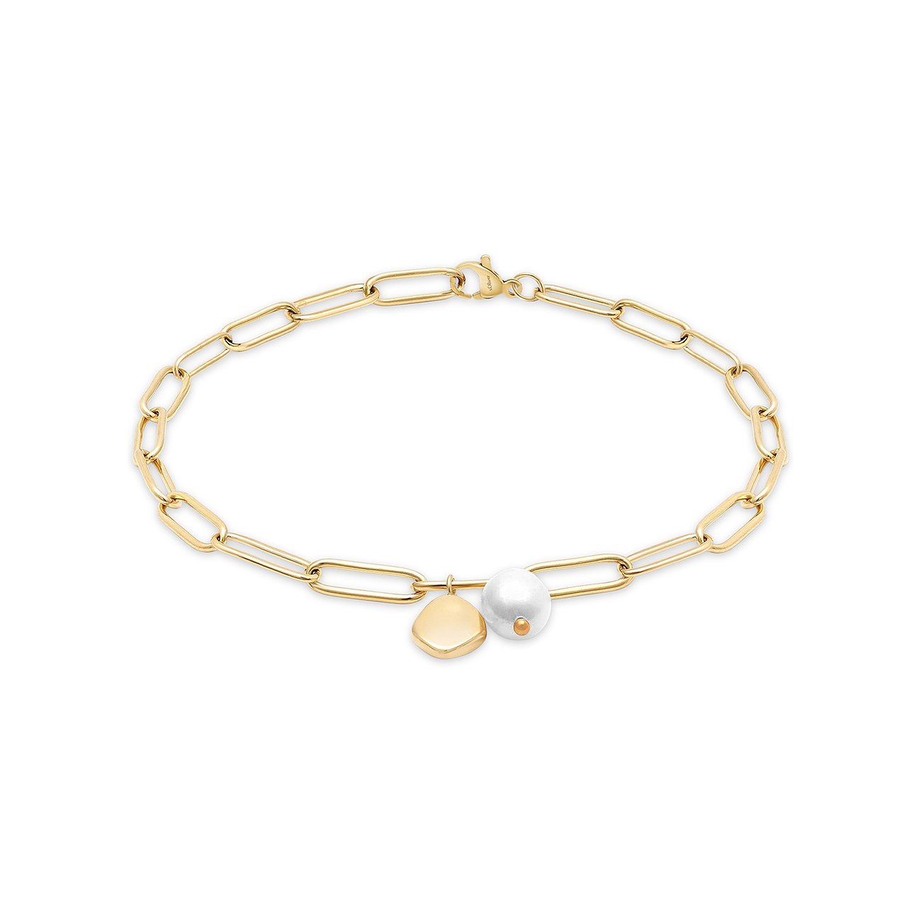 s.Oliver Armband aus vergoldetem Edelstahl mit Gliederkette. Ein flacher goldener Anhänger und eine weiße Perle.