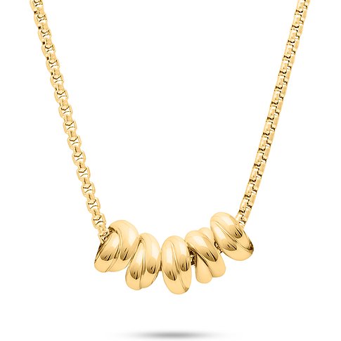 Eine s.Oliver Halskette aus goldfarbenem Edelstahl mit fünf glänzenden, ringförmigen Charms, schwebend dargestellt.