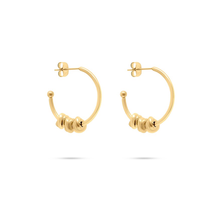 Ein Paar goldfarbene s.Oliver Creolen aus Edelstahl mit beweglichen Ringen, die unten am Haken hängen.