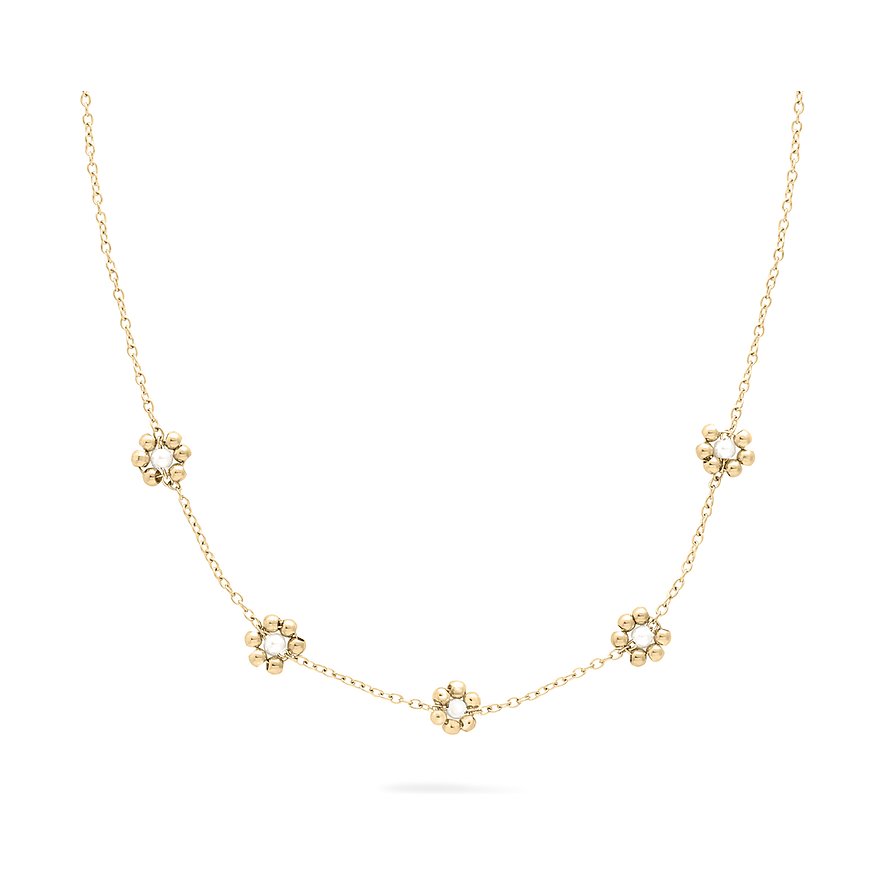 Collier s.Oliver en acier inoxydable couleur or avec cinq éléments floraux et perlés ornés d'une pierre claire.