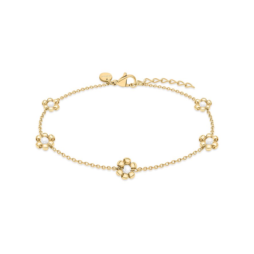 Bracelet s.Oliver en acier inoxydable doré, cinq pendentifs floraux stylisés, chacun avec une perle blanche.