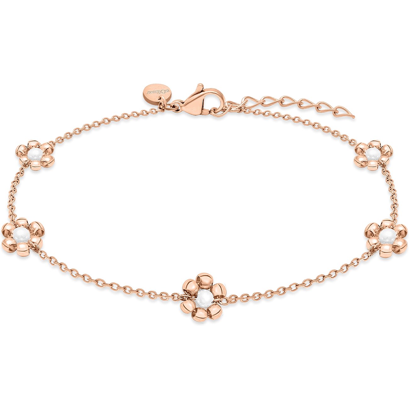 s.Oliver Armband aus roségoldfarbenem Edelstahl mit fünf blütenförmigen Verzierungen und klarer Perle.