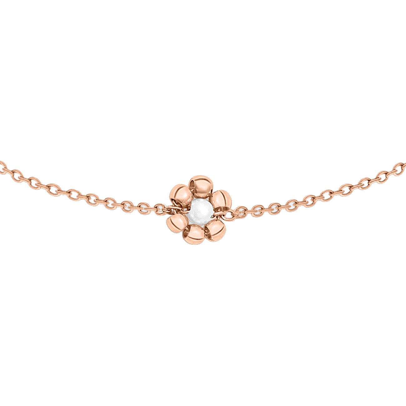s.Oliver Armband aus roségoldfarbenem Edelstahl mit einem blumenförmigen Element und weißer Perle.