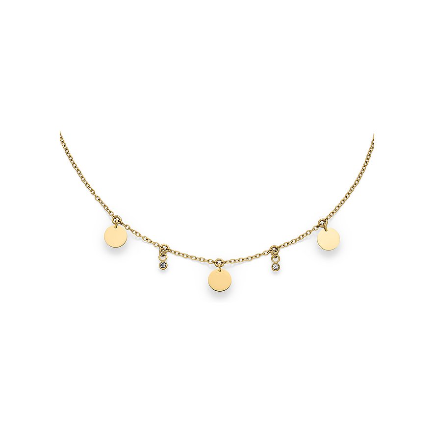 Ein s.Oliver Armschmuck aus gelb vergoldetem Edelstahl mit fünf runden Anhängern und drei klaren Schmucksteinen.