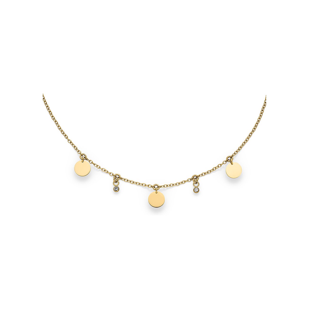 Ein s.Oliver Armschmuck aus gelb vergoldetem Edelstahl mit fünf runden Anhängern und drei klaren Schmucksteinen.