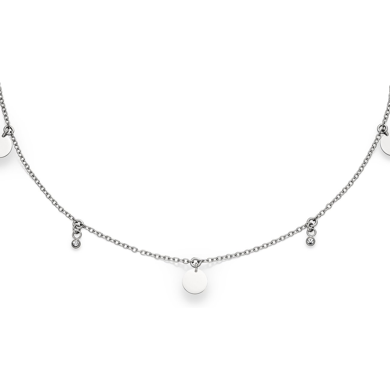 s.Oliver halskæde i rustfrit stål med runde vedhæng og klare smykkesten på en filigran kæde.